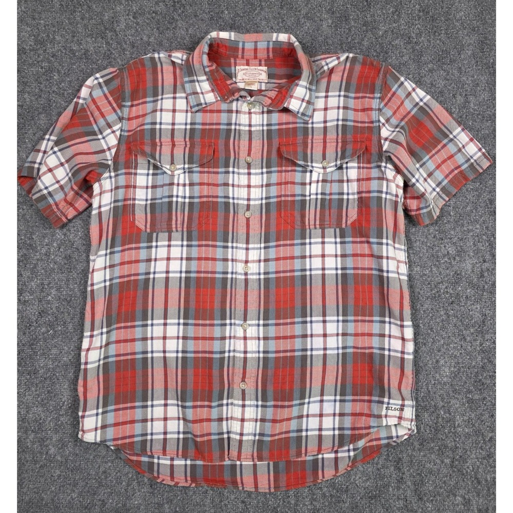Filson Button Down Shirt Mens Large Red White Blue Plaid Short Sleeve Cotton